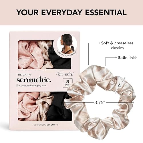 Kitsch Satin Scrunchies for Women - No Crease Hair Ties for Girls | Scrunchies For All Hair Types and Textures, Perfect for Day or Night - 5 Pcs, Assorted - Blush & Black - 1 count (Pack of 5) thumbnail 2