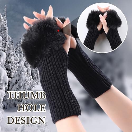 Lcaiualu Winter Women Fingerless Gloves Knitted Arm Warmers Hand Mittens ThumbHole Faux Fur Wrist Short Cuff for Women thumbnail 4