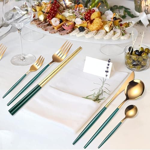 AARAINBOW 8 Pieces Stainless Steel Flatware Set Portable Reusable Cutlery Set Travel Utensils Set Including Chopsticks Knife Fork Spoon Straws Cleaning Brush Dishwasher Safe (Green Golden) thumbnail 8