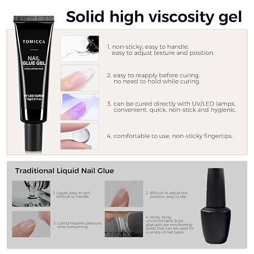 TOMICCA 4-in-1 Solid Gel Nail Glue for Press On Nails, Super Strong Hold Clear Adhesive, UV/LED Gel, Long Lasting, 15g for DIY & Salon Use thumbnail 6