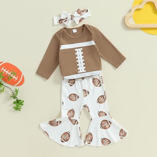 Lamuusaa Newborn Baby Girl Football Outfit Long Sleeve Romper Football Flared Pants Headband Fall Outfits 0-18M thumbnail 6