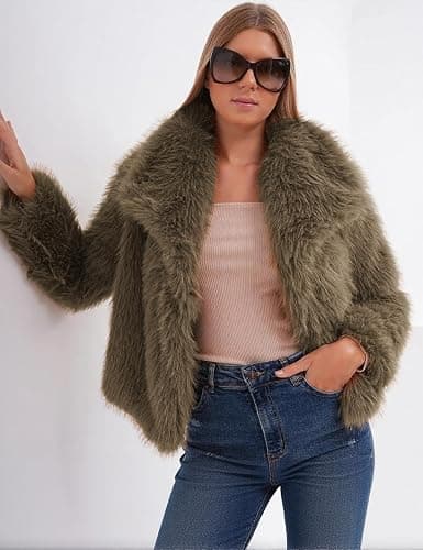 Flygo Women's Faux Fur Coat Fluffy Faux Fur Jacket Long Sleeve Lapel Furry Winter Jackets Shaggy Parka Short Coat thumbnail 3