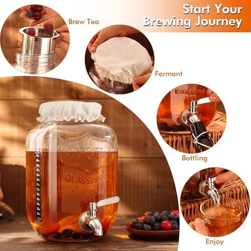 1 Gallon Kombucha Starter Kit, Glass Kombucha Jar with Spigot and Stainless Steel Mesh Filter Fermentation Kit for Home Brewed Kombucha Bottles, Includes Test Strips, Measuring Cups, Cloth Top thumbnail 5