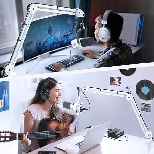 FIFINE Microphone Boom Arm Stand, Metal Heavy Duty Mic Stand, Scissor Suspension Adjustable Boom Arm for Podcast Recording Streaming Gaming, with Desk Clamp, 5/8" Screw, Cable Ties-BM63 White thumbnail 7