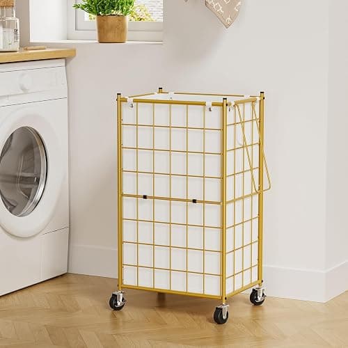 WOWLIVE Laundry Hamper with Wheels,Metal Wire Frame Rolling Laundry Basket with Removable bag,100L Dirty Clothes Hamper Organizer Dorm Room Storage for Bedroom,Bathroom,Golden thumbnail 4