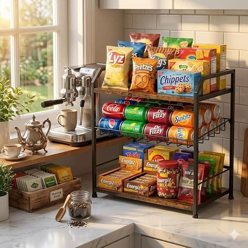 3 Tier Adjustable Snack Organizer for Countertop Wood Metal Rack | Large capacity snack stand, adjustable shelf & stable feet for kitchen pantry, office snack station & retail candy thumbnail 5