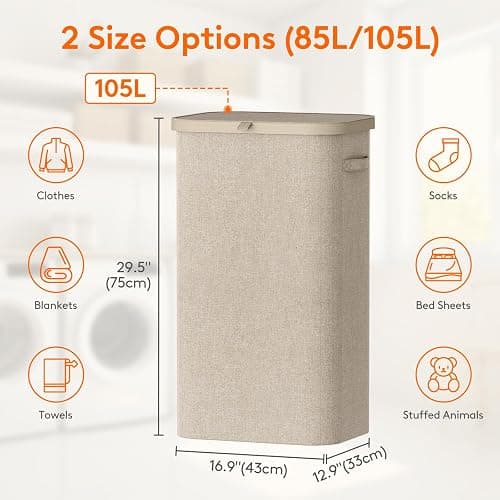 Lifewit 105L Laundry Basket with Lid, Large Laundry Hamper with Plastic Handles and Removable Bag, Foldable Tall Dirty Clothes Hampers for Laundry for Laundry Room, Bedroom, Bathroom, Dorm, Beige thumbnail 2