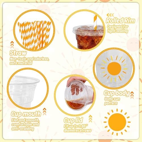 Whaline 50Pcs Boho Sun Disposable Plastic Cups with Lids and Straws 12 Oz Sunshine Cold Beverage Drinking Cups for Birthday Baby Shower Party Supplies thumbnail 4