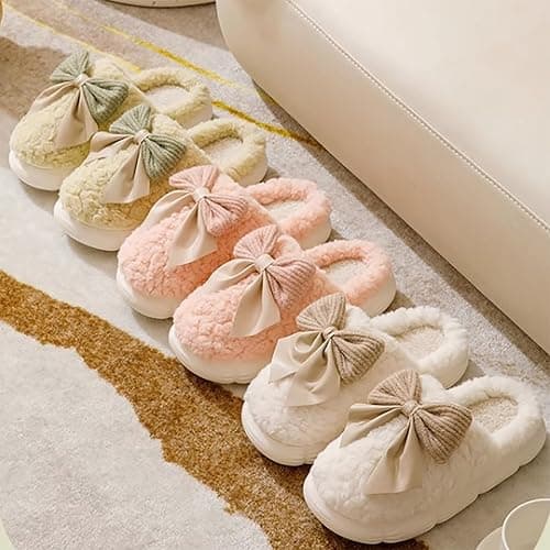 HANDKEI Women's Slippers Warm Plush Bow Indoor Anti slip Home Thick Sole Winter Slippers thumbnail 6
