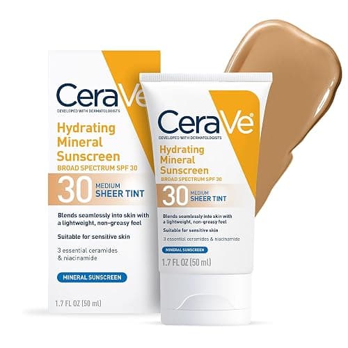 CeraVe Hydrating Mineral Sunscreen SPF 30 with Sheer Tint, Tinted Mineral Sunscreen with Zinc Oxide & Titanium Dioxide, Blends Seamlessly For Healthy Glow, Medium, 1.7 Fluid Ounce - Image 1