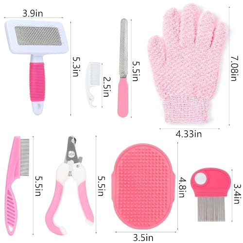 VCZONE Pink Small Animal Grooming Kit with Nail Clipper, Flea Comb, Shampoo Brush, Slicker Brush, Massage Glove for Rabbits thumbnail 2