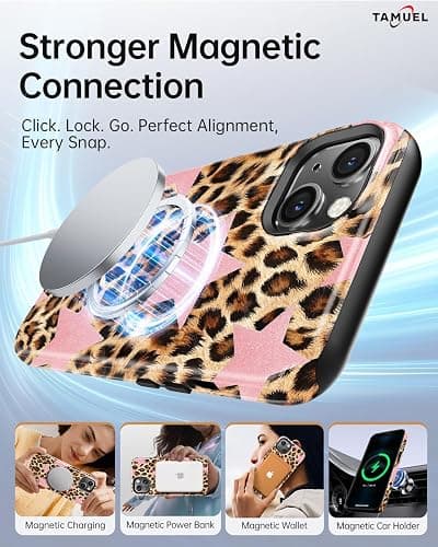 TAMUEL for iPhone 15 Case, Leopard Cheetah Print Phone Case, Compatible with Magsafe, Trendy Cute Cool Pink Star Magnetic Slim Silicone Shockproof Protective Women Girl Cover thumbnail 3