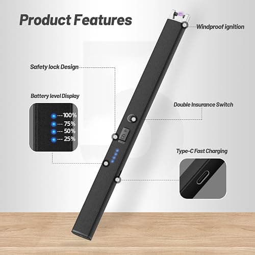 VEHHE Candle Lighter, Windproof Electric Lighter with Lock & LED Display | Black | Extended Handle Design | USB-C Rechargeable Design | Windproof Pulse Electric | Ignition Lighters for Candle Camping thumbnail 3