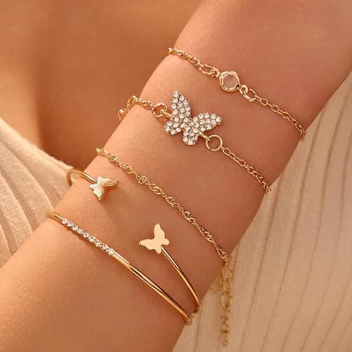 5 PCS Gold Bow Bracelets Set for Women, Elegant Butterfly and Pearl Accented Layered Bracelet Set - Delicate Fashion Jewelry - Image 1