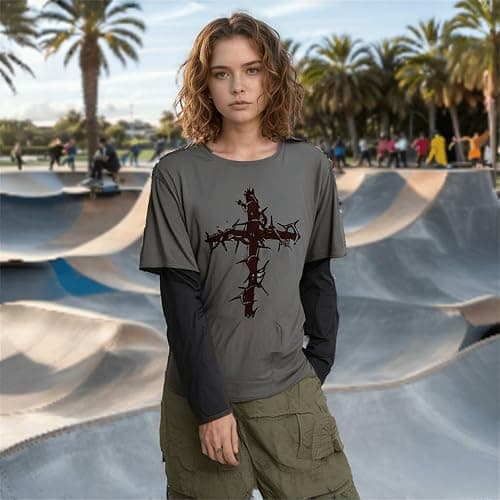 Aobiono Men Women Gothic Shirt Y2K Emo Grunge Alt Vintage Long Sleeve Top Tee Dark Academia Harajuku Cross Sweatshirt Clothes thumbnail 6