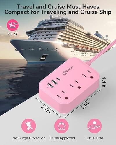 Pink Power Strip - 5Ft Extension Cord with 3 USB(1 USB C) Charging Station and 3 Outlets, Pink Desk Accessories for Cruise Travel Cute Kawaii College Dorm Desk Home Essentials thumbnail 6