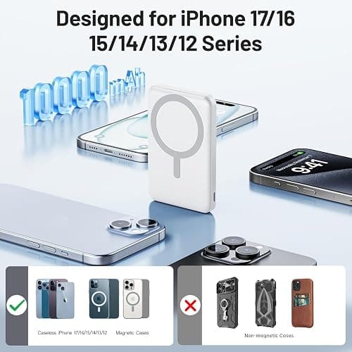AOGUERBE for MagSafe Portable Charger, 10000mAh Magnetic Power Bank 22.5W Fast Charging, Mini Battery Pack Wireless with LED Display&Foldable Stand for iPhone 17/16/15/14/13/12 Series (Polar White) thumbnail 3