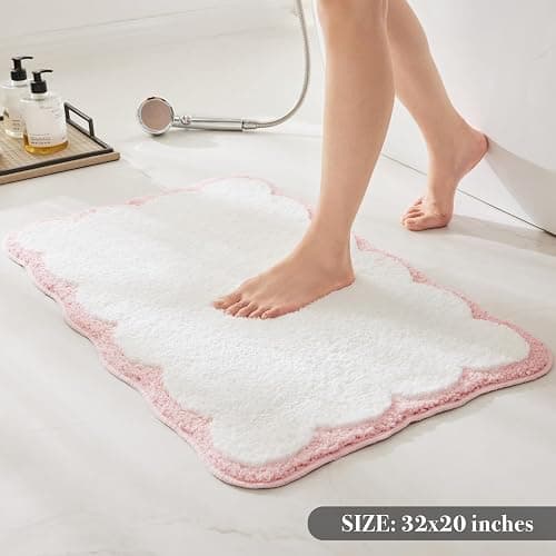 Luxury Microfiber Bathroom Rugs, White Bath Rug with Pink Scalloped Piping Cute Aesthetic Girly Bath Mat for Women's Bathroom, Tub, Floor Carpet, Sink, Shower, Anti Slip, Absorbent, 32x20 thumbnail 4