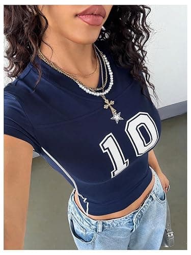 RoseSeek Women's Y2K Sporty Jersey Shirts V Neck Cap Sleeve Tight Crop Tops Street Graphic Tees thumbnail 3