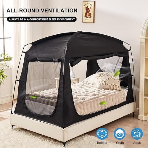 Privacy Sleep Indoor Bed Tent for Adults Kids, Portable Blackout 90% Canopy Tents with 3 Doors Breathable Mesh Windows thumbnail 5