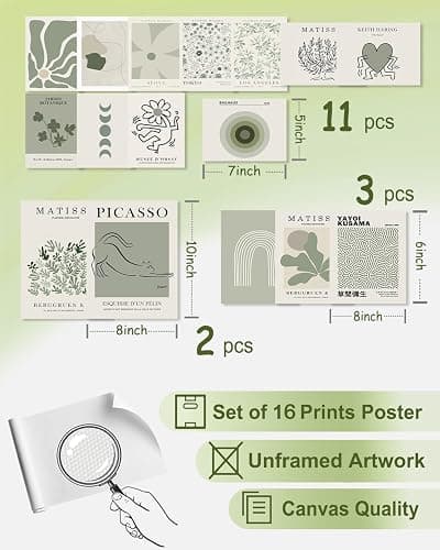 KBKBART Sage Green Room Decor Aesthetic Poster, Green Matisse Wall Art Prints, Minimalist Sage Green Wall Decor, Cute Line Flower Green Eclectic Gallery Art Wall Collage Set, Maximalist Wall Decor for Bedroom Dorm -Set of 16, Unframed thumbnail 2
