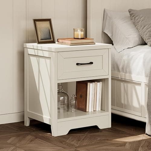 AODK Farmhouse Nightstand Set of 2, Drawer and Open Shelf, Rustic White | Compact Bedside Tables, Drawer Storage, Rustic White Finish for Bedrooms, Dorms, Apartments and Guest Rooms thumbnail 8