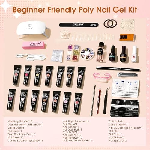 ROSALIND Poly Nail Gel Kit -14 Colors +72 Nail Art Accessories kit Clear Nude Poly Nails Gel Kit Starter Kit with Mini UV Lamp Slip Solution Basic Tools for Beginners with Everything thumbnail 2