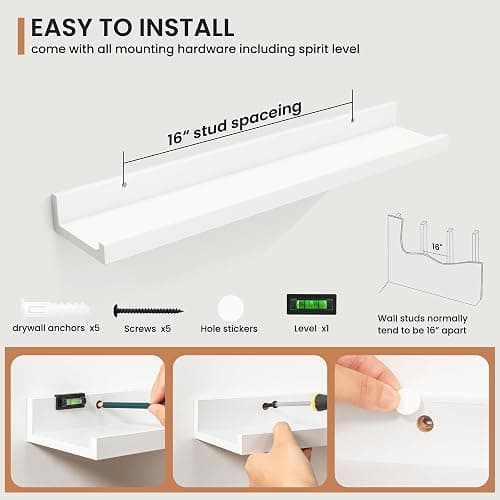 Fun Memories Picture Ledge Shelves Set of 2, 24 Inch Rustic Wall Mounted Floating Shelves with Lip for Home Storage and Décor in Bathroom, Kitchen, Nursery, Bedroom, Living Room, White - White - 24inch thumbnail 3