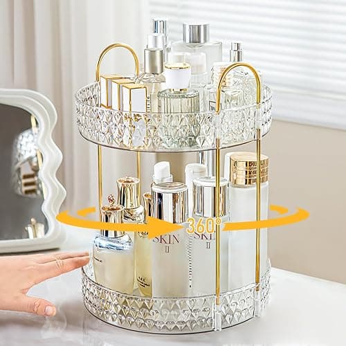 Rotating Makeup Organizer for Vanity, 2 Tier Perfume Skincare Storage for Women, Bathroom Counter Organizer, 360 Spinning Cosmetic Holder for Dresser Countertop, Clear thumbnail 2