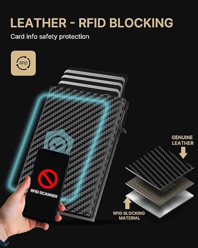 typecase Mens Wallet Card Holder: Pop Up Aluminum Case, Genuine Leather, Smart, RFID Blocking, Slim, Minimalist, Front Pocket - 9-14 Card Capacity | ID Window | Cash Slot (Carbon Fiber) thumbnail 5