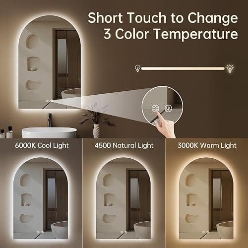 OUMUSU 20"x30" Arched LED Lighted Bathroom Mirror with Lights | Fogless, Dimmable, Shatterproof, Touch Sensor, 3 Color Changing thumbnail 5