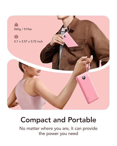 VRURC Portable Phone Charger, Built-in 4 Cables USB C Power Bank 10000mAh | Slim Power Bank for Travel,5 Output 2 Inpput Charging Bank,Multi Devices Battery Pack for iPhone,Android-Barbie Pink(1 Pack) thumbnail 2