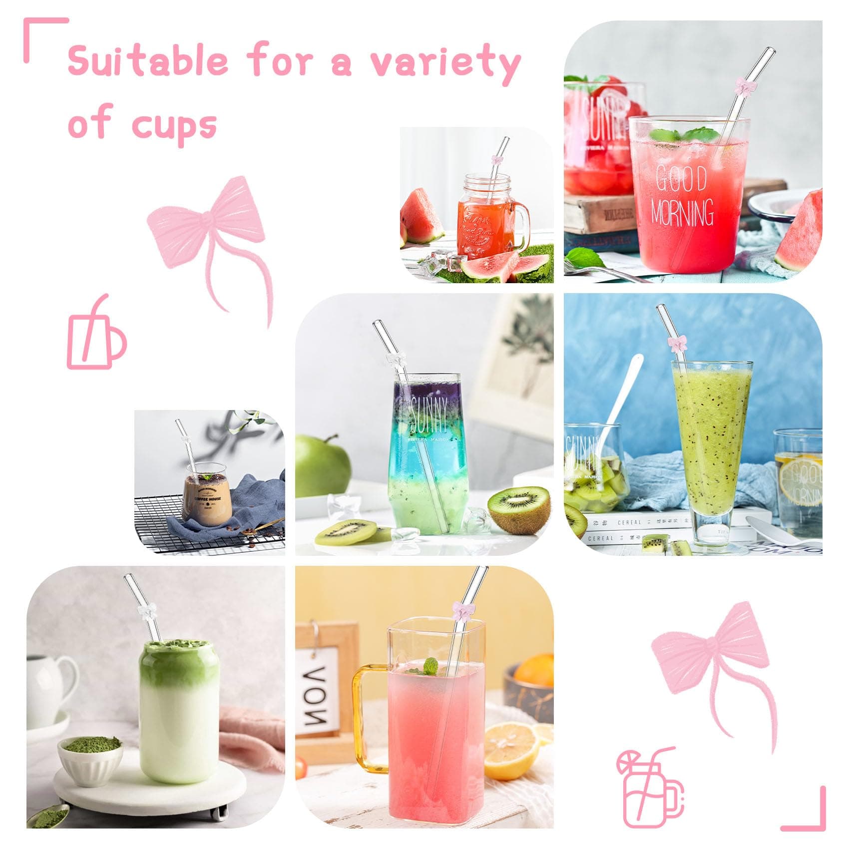 6 Pcs Glass Straws with 2 Cleaning Brushes, Cute Pink Bow Glass Straws Shatter Resistant, Reusable Straw Dishwasher Safe for Coffee Lover, Milkshake, Smoothies, Juice, Aesthetic Gift thumbnail 4