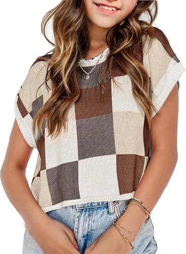 Girls Summer Sweater Vest Crop Tank Tops Cap Sleeve Colorblock Tee Shirts Cute Outfits Loose Kids Top - Image 1