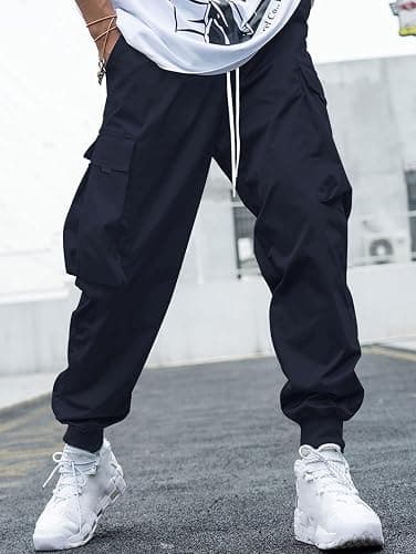 Men Techwear Cargo Joggers Flap Pocket Elastic Drawstring Waist Pants thumbnail 3