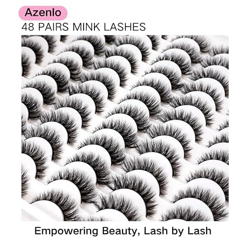 Azenlo False Eyelashes 48 Pairs Faux Mink Lashes 14mm Wispy Lashes 3D Fluffy Cat Eye Lashes Pack Bulk Wholesale Strip Lashes(style 48-045) thumbnail 3