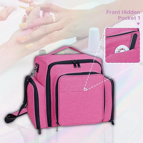 YAHOURWAT Nail Polish Organizer Holds 60 Bottles and a Nail Lamp,Portable Travel Case with 2 Removable Bags and Tools Storage Pockets Rose Red thumbnail 6