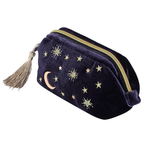 SZZCX Handy cosmetic makeup bag,Navy Velvet Embroidered Applique Moon Stars Cosmetic Bag,Starry Makeup Pouch with Tassels & Pearl Zipper,Beautician Storage Bag thumbnail 4