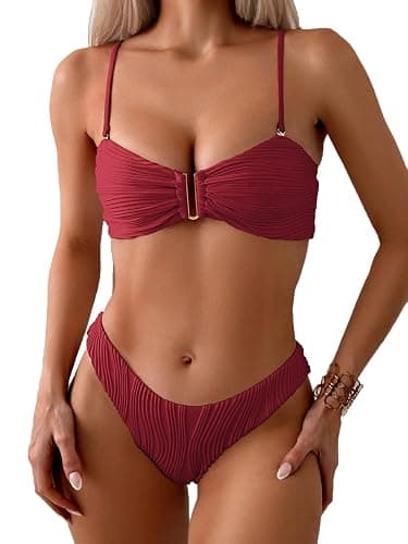 Fanuerg Women's Ribbed Bikini Sets U Wire Adjustable Spaghetti Straps Swimsuit Textured Ruched Two Piece Bathing Suit - Image 1