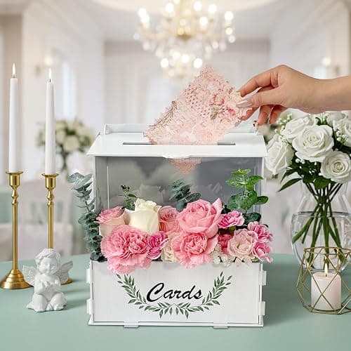 OurWarm Wooden Wedding Card Box with Flower Trough, White Gift Card Box for Wedding with Acrylic Board, Weddings Cards Boxes for Reception Graduation Birthday Party Bridal Baby Shower Decorations thumbnail 3