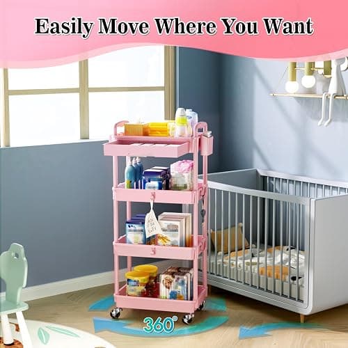 SUNALLY 4 Tier Rolling Utility Cart with Drawer, Storage Organizer Cart with 2 Lockable Wheels, Multifunctional Rolling Storage Cart for Bathroom, Kitchen, Craft, Makeup, Baby Essentials, Pink thumbnail 5