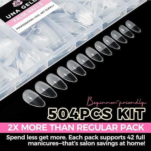 UNA GELLA Almond Gel Nail Tips, 504PCS Pre Etched Clear Fake Nails Tips Medium Almond Shape - 12 Sizes Full Cover Soft Acrylic Press On Nail Extensions No C Curve Gift for Diy at Home thumbnail 9