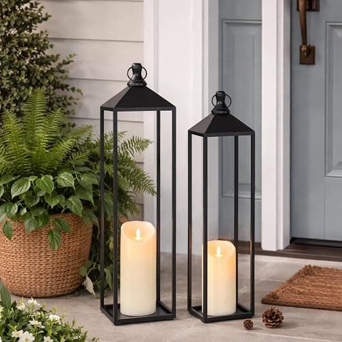 22'' 19'' Large Lanterns Decorative Outdoor Indoor, Set of 2 Black Metal Candle Lanterns Modern Farmhouse Floor Lanterns Decorative for Home Decor, Mantle, Fireplace, Patio, Porch, Garden thumbnail 6