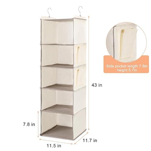 BOOMIBOO Hanging Closet Organize and Shelves，5-Hanging Shelf with 2 Side Pockets，Storage Foldable （Beige） thumbnail 3