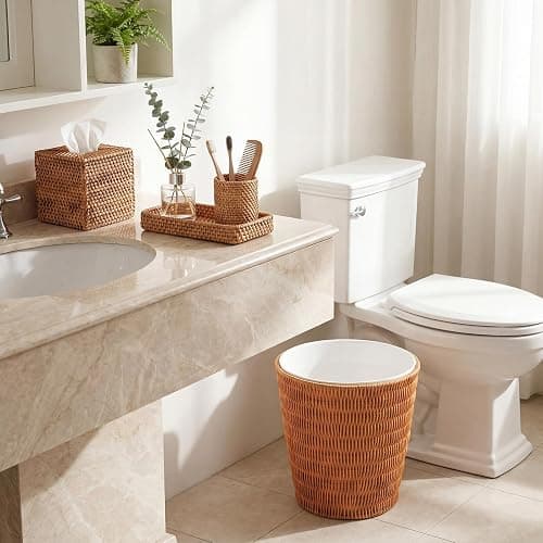 Cinnvoice 5 Pcs Boho Bathroom Accessories Set, Wicker Rattan Bathroom Decoration Includes Tissue Box Cover Toothbrush Holder Vanity Tray and Trash Can for Farmhouse Bedroom Toilet Countertop thumbnail 2