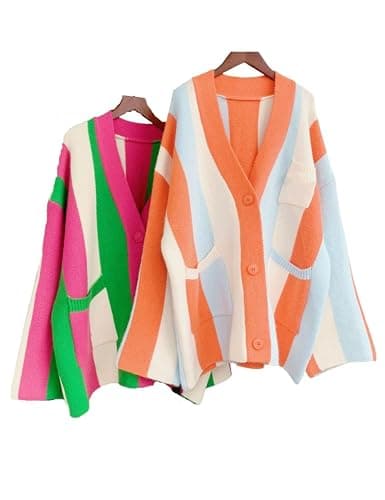 Unilexi Womens Loose Long Sleeve Rainbow Striped Cardigans Sweater Boho Color Block Chunky Knitted Tops thumbnail 3