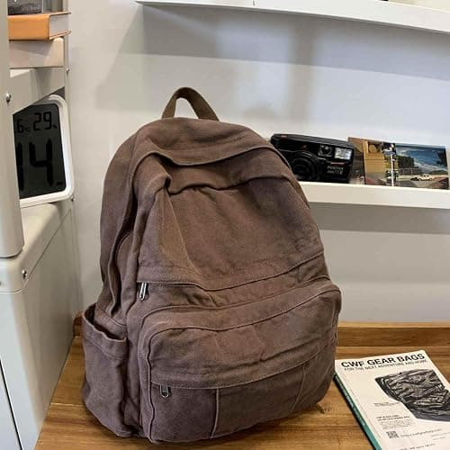 GAMLFL Coffee Brown Canvas Backpack for Women & Men Retro Aesthetic Rucksack Basic Backpack for High School/College Students Travel Laptop Bag thumbnail 3