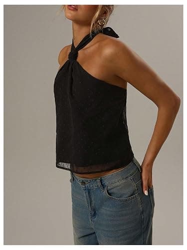 MakeMeChic Women's Tie Back Halter Tops Swiss Dots Knot Backless Sleeveless Tank thumbnail 2