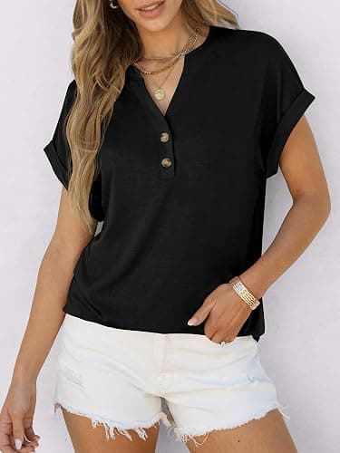 ANRABESS Womens Short Sleeve Henley Tops V Neck Dressy Casual Blouses Summer Trendy Tee Shirts 2025 Vacation Fashion Clothes thumbnail 4