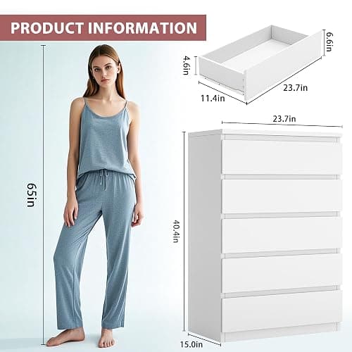 Jocoevol Modern White 5 Drawer Dresser for Bedroom, 15" D x 23.7" W x 40.4" H in Simply Chest of Drawers, Wood Storage Dresser with Deep Drawers for Living Room Hallway Entryway, White thumbnail 2